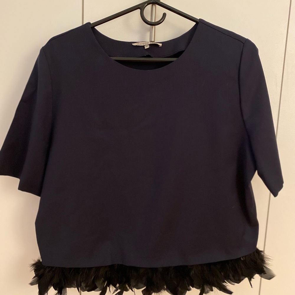 Never been worn, boxy navy blue Maison Pere top with black feather fringe